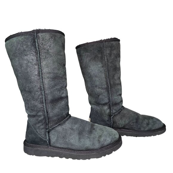 UGG Australia Classic Tall Black Suede Sheepskin Boots‎ Faded Womens Size 8 - Picture 2 of 12